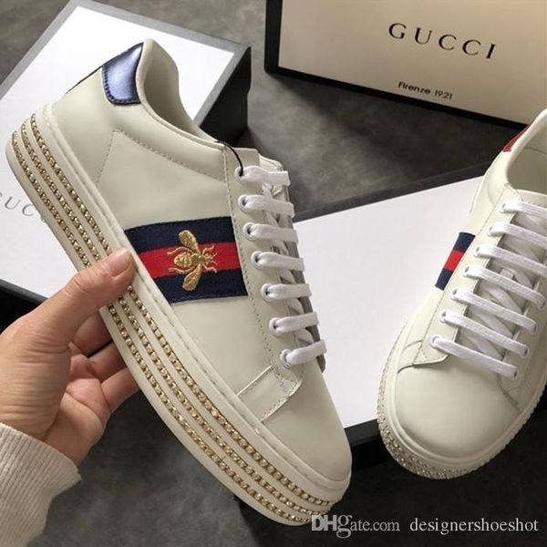 

new arrival luxury womens designer shoes classic bee embroidered ace sneaker with crystals fashion lace up height increasing casual sneakers, Black
