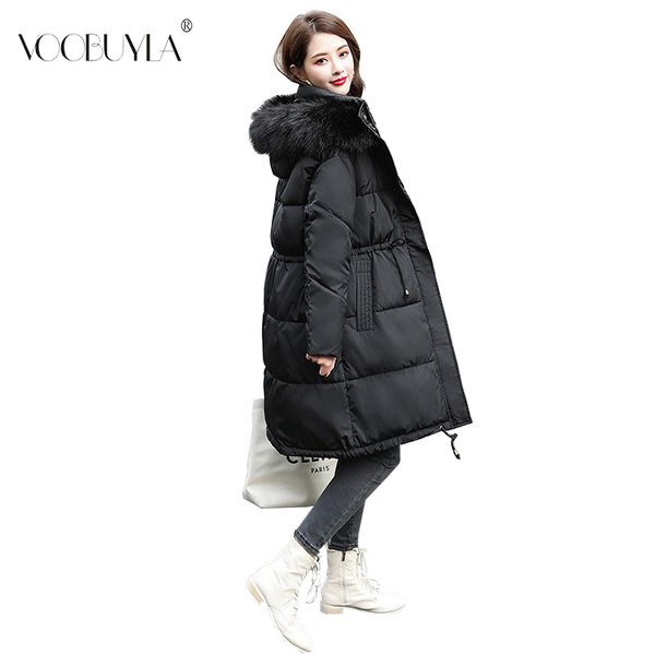 

2019 new winter hooded long sleeve solid color black cotton-padded warm loose big size jacket women fur collar parkas fashion