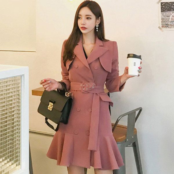 

autumn 2019 new korean jacket office ladies blazer dress ruffled slim bodycon dress pink black blazer mujer robe belt f1308, White;black