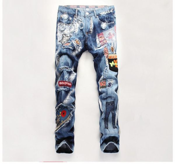 

europen men's denim trousers jeans slim straight gentleman patchwork jeans blue stripe pants for men 967