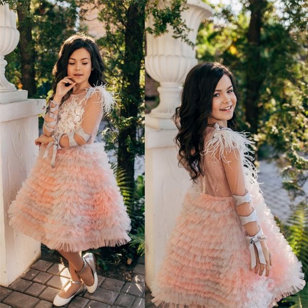 

pink cute flower girl dress jewel long sleeve applique lace feather sequins pageant gowns knee-length tiered tulle custom made birthday gown, White;blue