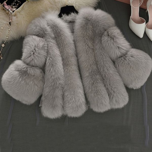 

fur coat korean large size fur imitation coat short women seven-point sleeve casual, Black