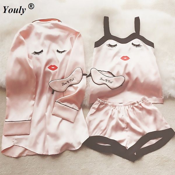

pajama silk sets 4 pieces pajamas women sleepwear female satin pijama 2019 cute fashion pyjamas women silk elegant sleep lounge j190613, Black;red