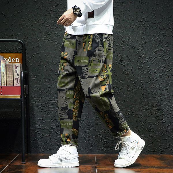 

uyuk2019 leisure fashion large size trend outfit straight cylinder print ed men's trousers joggers hip hop pantalon homme, Black