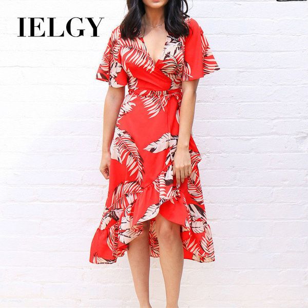 

ielgy женские платья печатные мода v-образным вырезом шифон лето нерегулярное качели высокой талией leisure, Black;pink