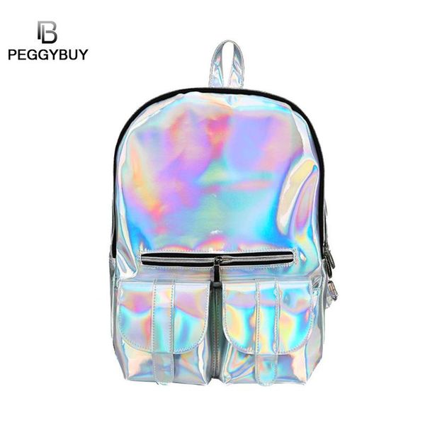 

women laser holographic backpacks college style shiny leather backpacks teen girls pvc large capacity rucksack