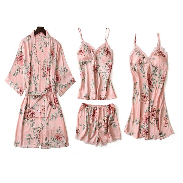 

women's sleepwear 4 piece women pijamas dress plus size silk robe set pink lingerie bathrobe sets womens and blouses nightwear, Black;red