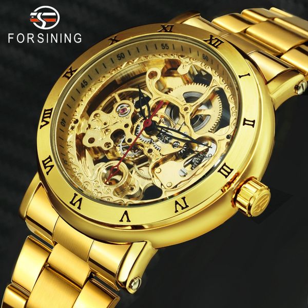 

forsining 2019 auto mechanical watch men golden carved skeleton dial metal strap fashion dress wristwatch gift, Slivery;brown