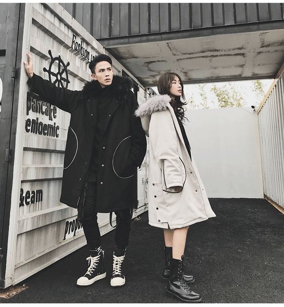 

зима теплая меховой воротник пальто пара сплошной цвет дикий хай-стрит тенденция плюс хлопок куртка бренд дизайн куртка с капюшоном, Black