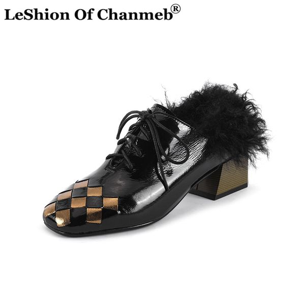 

fashion low heels style shoes lattice genuine leather soft lace-up pumps round head fashion single shoes wild casual hair, Black