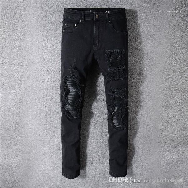 

jeans button pocket fashion style homme clothing pencil pants casual apparel mens new fashion designer hole black, Blue