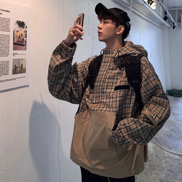 

2019 spring summer new korean version of the campus wind couple long-sleeved trend casual lattice stitching windproof pullover, Black
