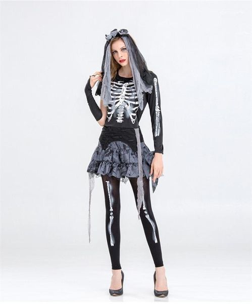 

designer funny dress party women theme costume halloween day womens clothes the skeleton bride cosplay dress, Black;red