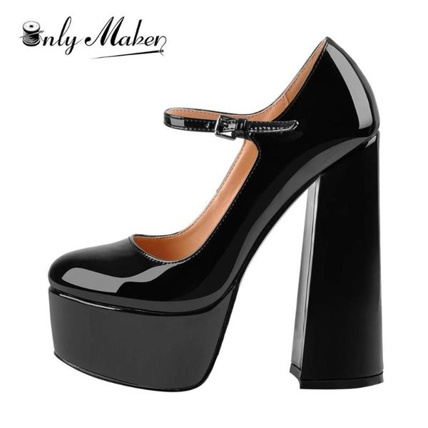 

onlymaker ladies mary-jane pumps platform chunky high heels shoes ankle strap plus size big size party dress pumps, Black