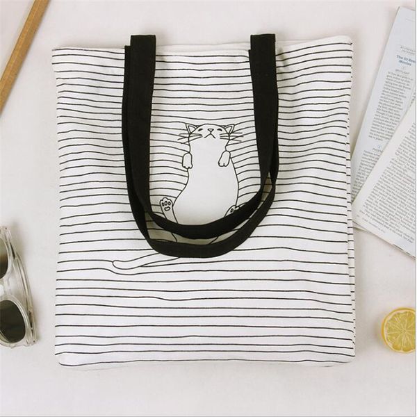 

casual canvas tote bag new cute cat animal prints shopping bags female party handbag white cross body shoulder women bag