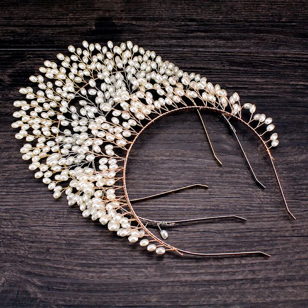 

rose gold silver handmade pearls crowns and tiaras headband women headpiece bridal hair vine hairband for wedding jewelry party, Golden;white