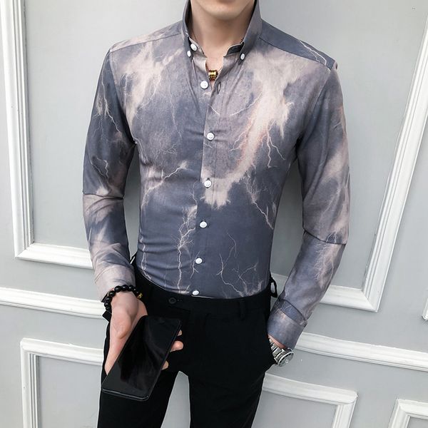 

британский стиль мужские рубашки мода 2020 новый длинным рукавом мужские рубашки платья простой цифровой печати slim fit формальное wear блу, White;black