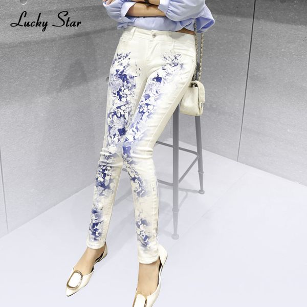 

lucky star white female elastic jeans europe printing slim denim trousers elastic long stylish printed jeans plus size a208, Blue