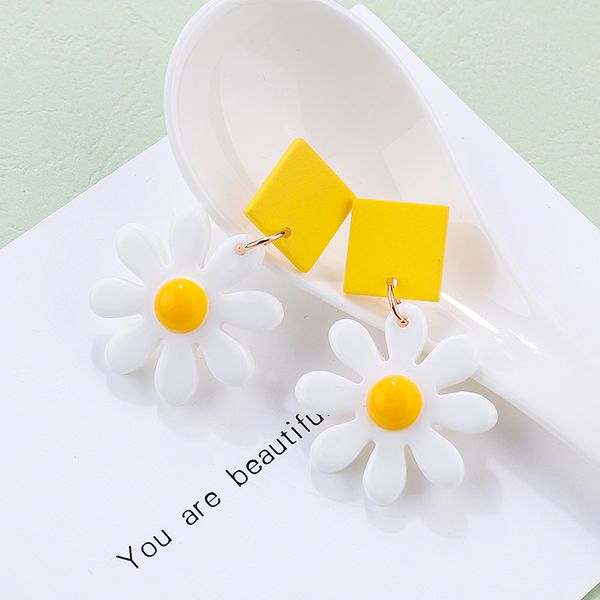 

aensoa new fashion cute daisy flowers drop earrings korean sweet summer resin floral square wooden statement earrings for women, Silver