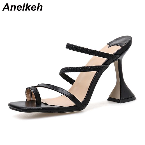 

aneikeh fashion slippers shoes woman heeled square head rome style flip flops peep toe slip-on thin high heels lady party pumps, Black