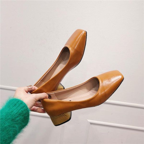 

eoeodoit 2020 spring autumn med square heel leather pumps shoes slip on square toe chunky heel women casual heels shoes, Black