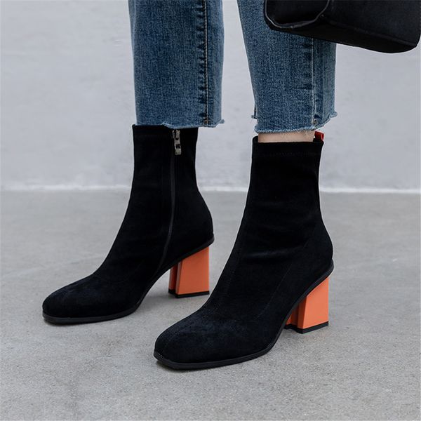 

sarairis 2019 plus size 31-43 brand design square heels ankle boots women shoes woman stretch shoes women sock boots female, Black