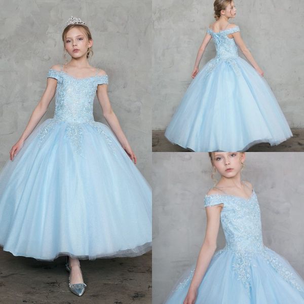 

2019 princess flower girl dresses off the shoulder lace appliqued light blue girls pageant dress custom made bohemian wedding dress, White;blue