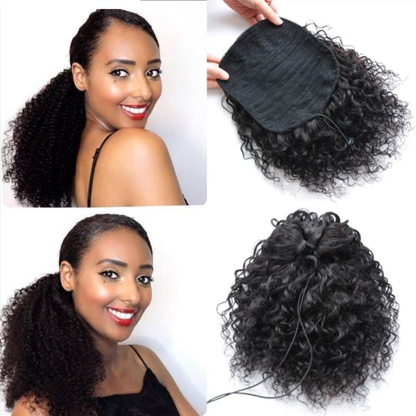

afro kinky завитые ponytail человеческие волосы remy бразильский кулиской хвостик 1 шт клип в наращивание волос 1b хвостик для женщин, Black