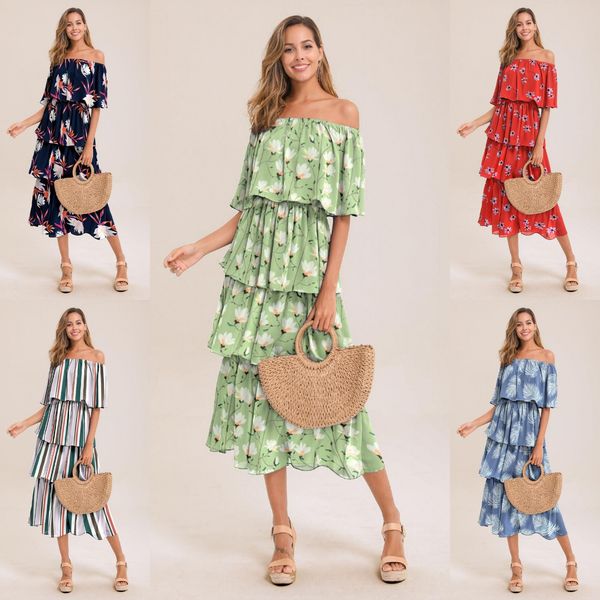 

womens designer cake dresses fashion pullover floral printed women dress slash neck tiered females clothing, Black;gray