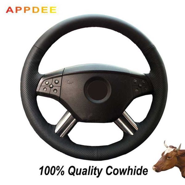 

hand-stitched black genuine leather steering wheel cover for - w164 m-class ml350 ml500 2005 2006 x164 gl-class gl