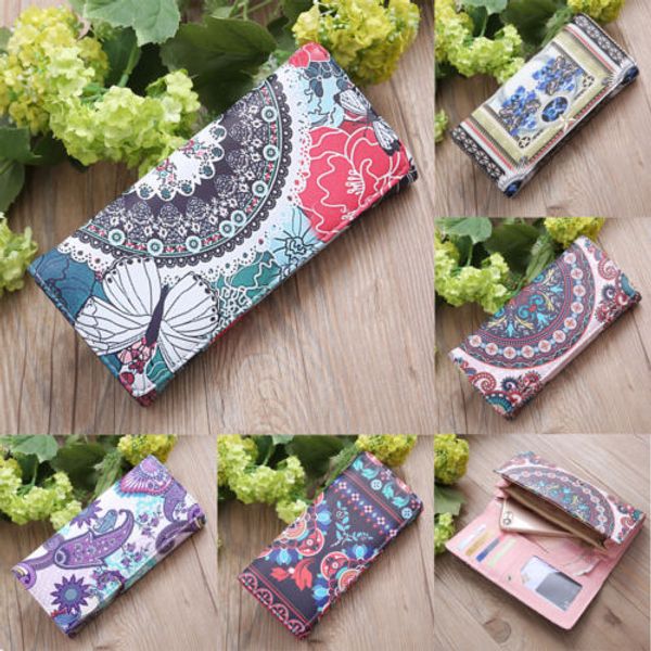

2019 fashion women leather wallet long card holder phone bag case floral printed clutch purse handbag coin pocket new, Red;black