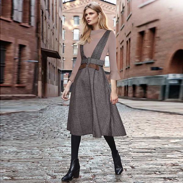 

new women flare sleeve and plaid print a-line set dress, Gray