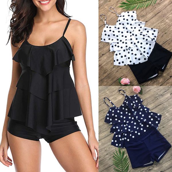 

2019 plus size 3xl women sets swim suit two piece suits dot print tracksuit sling ruffle vintage wear mujer push up +shorts, White
