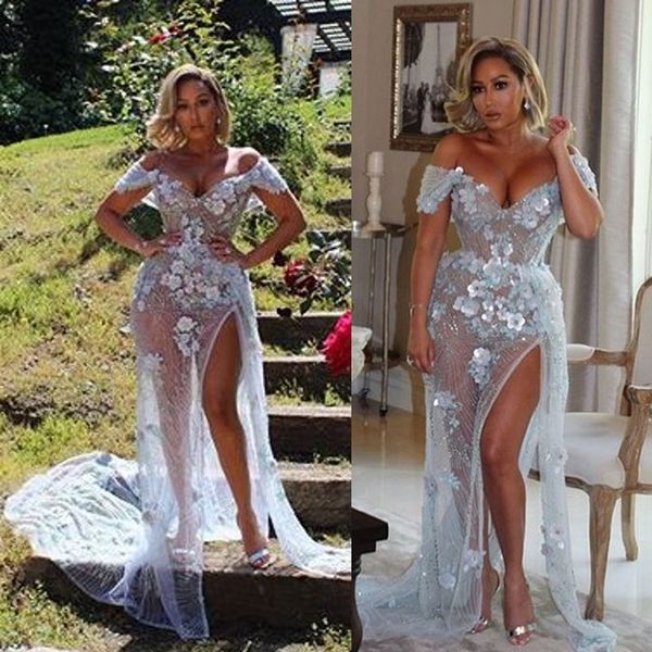 

2019 beaded evening dresses high side split sweep train off the shoulder mermaid prom dress party wear illusion special occasion gowns, Black;red