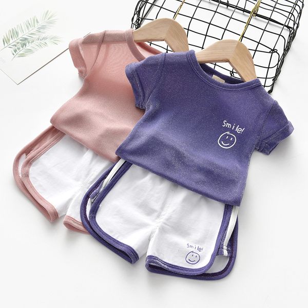 

2020 new girls clothing sets summer casual smile print kids clothes short sleeve t-shirt+shorts 2pcs children girls sports suit, White