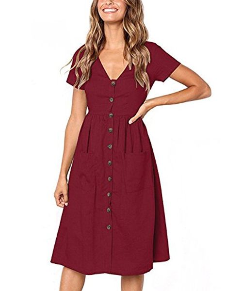 

women's causal solid v neck short sleeve button down swing midi dress with pockets, Black;gray