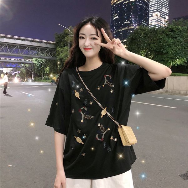 

2020 casual style short-sleeved t-shirt sequins women's loose bundy base shirt midi sequins fashion, White