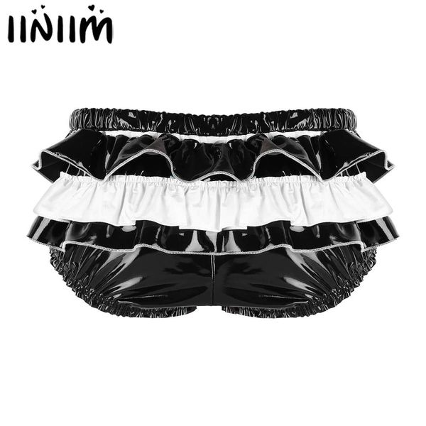 

mens wet look patent leather lingerie zippered bulge pouch sissy panties back frilly ruffled high cut low rise briefs underwear, Black;white