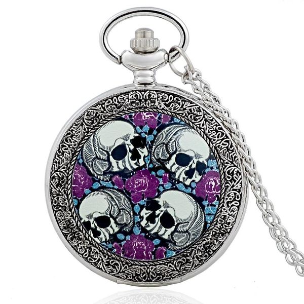 

human skeleton skull theme full quartz engraved fob retro pendant pocket watch chain gift, Slivery;golden