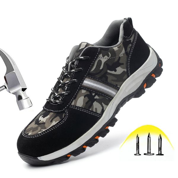 

safety shoes steel toe cap breathable leather with canvas casual shoes labor insurance puncture proof work men, Black