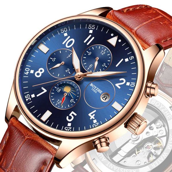 

men's watch mechanical watch men's fully automatic hollow fashion leather 2019 new student waterproof sports business, Slivery;brown