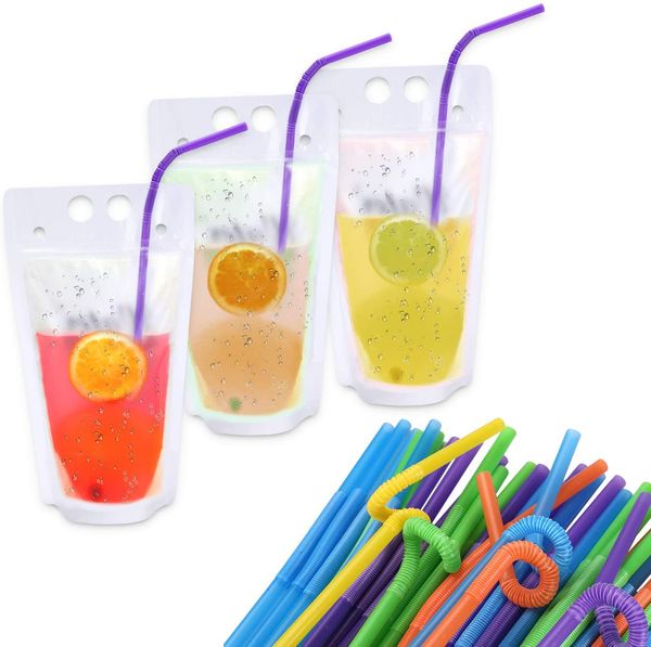 

500ml disposable juice coffee liquid bag container frosted zipper stand-up seal drink bag premium plastic drink pouches with straw 17oz
