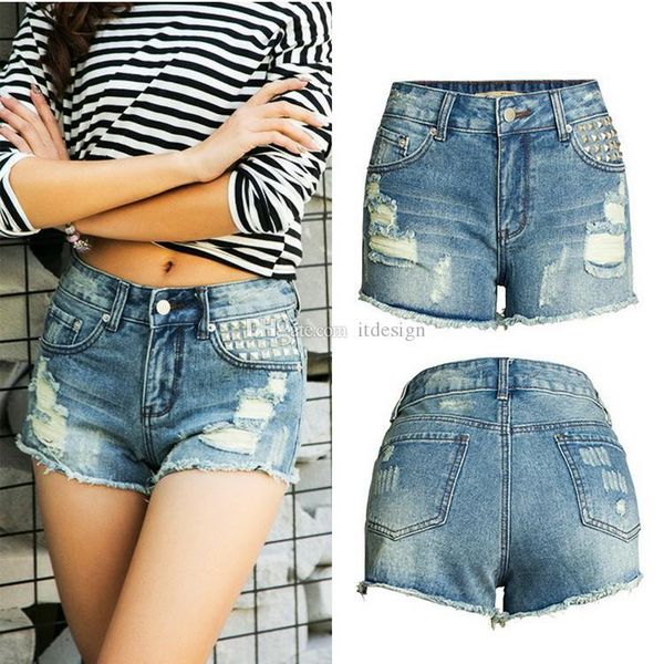 

street shorts girls blue rivet patch damage wash relaxed denim short female, White;black