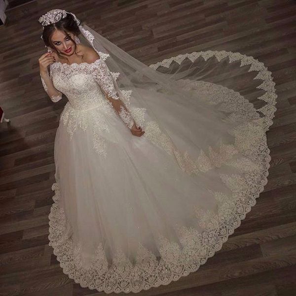 

2020 дубай арабский с длинным рукавом бальное платье свадебные платья старинные кружева аппликации бисером свадебное платье пухлые плюс разм, White