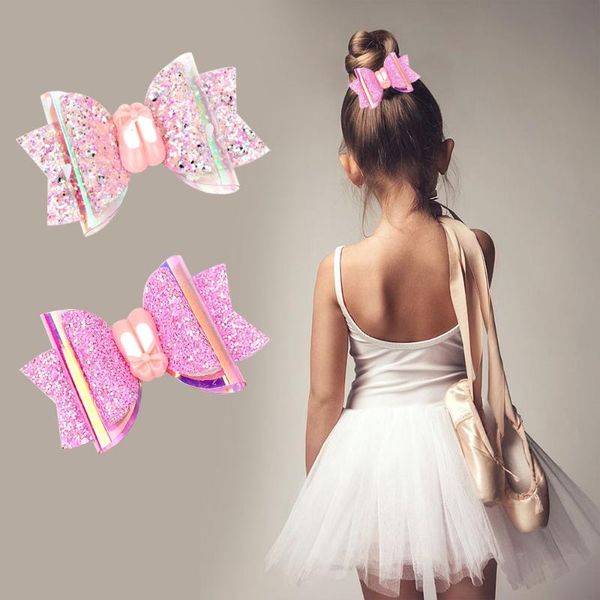 

hair accessories 3inch ballet stacked glitter jelly bow clips for girls back to school shiny pink hairgrips kids dance, Slivery;white