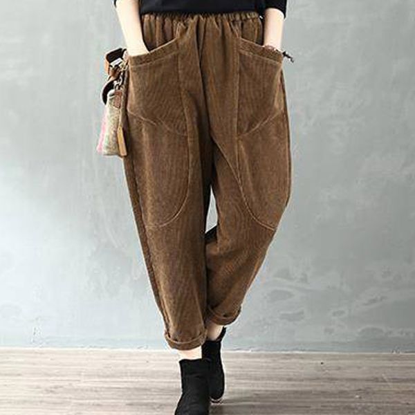 

women pants autumn winter large size corduroy loose trousers 2019 new elastic waist pocket casual ladies fashion pants#j30, Black;white