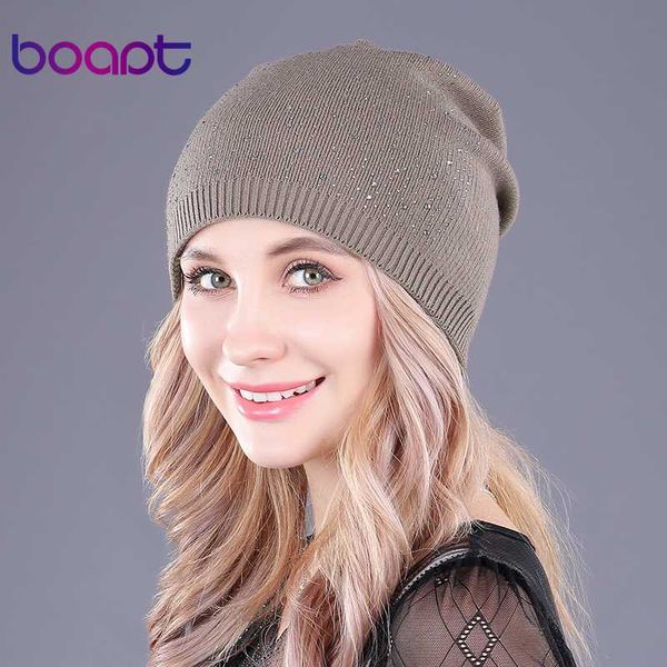 

boapt] cashmere knitting beanie caps for women's winter hats rhinestones double-deck warm skullies beanies female fashion hat, Blue;gray