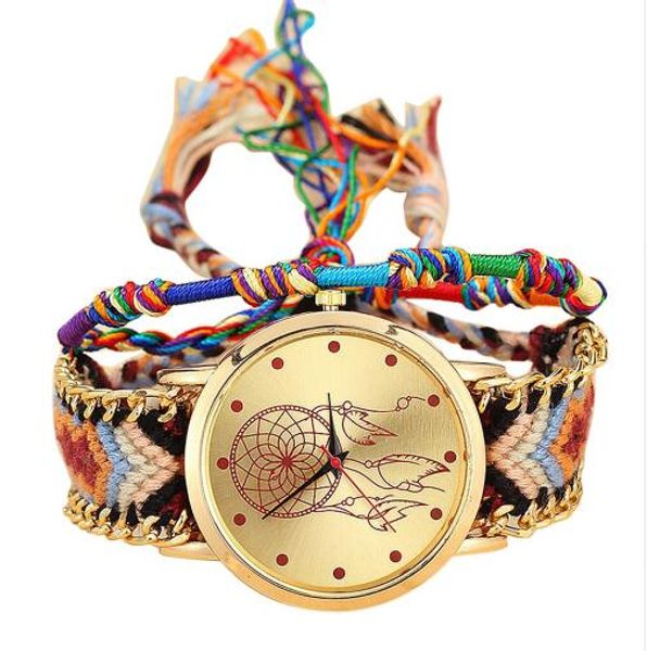 

vintage women native handmade quartz watch knitted dreamcatcher friendship watch drop shipping bayan kol saati, Slivery;brown
