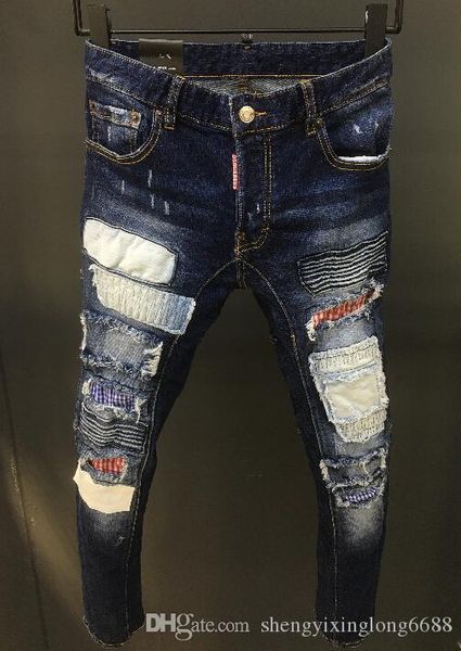 

2019 высокое качество синий мужчины джинсы свободного покроя хлопок джинсовые мужские жан мужские отверстие сложите джинсы брюки размер 29-4, Blue