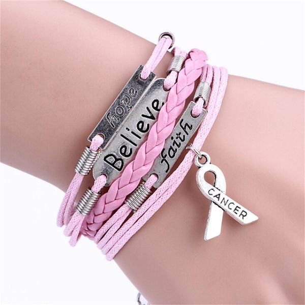 

bracelets women pulseira masculina accessories multi-layer leather rope handmade pink ribbon breast cancer awareness bracelet, Black